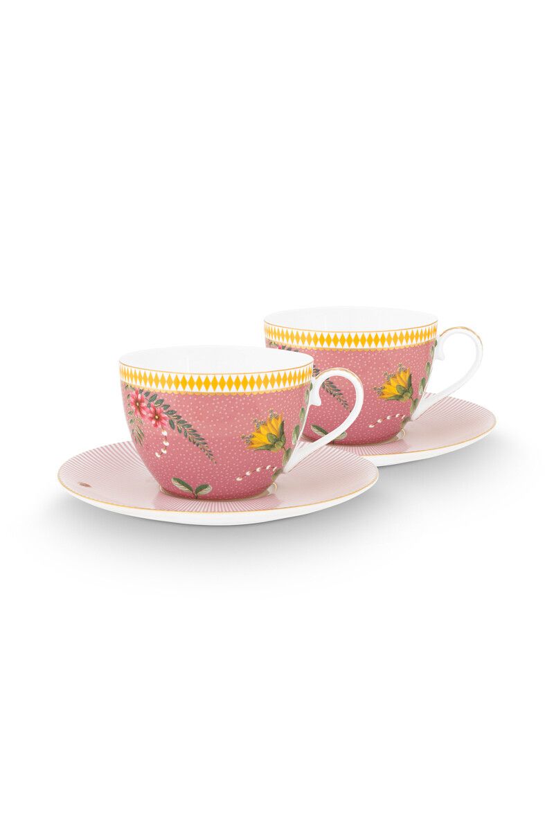 Set/2 Cups & Saucers La Majorelle Pink (280 ml) - pink floral porcelain teacup saucer
