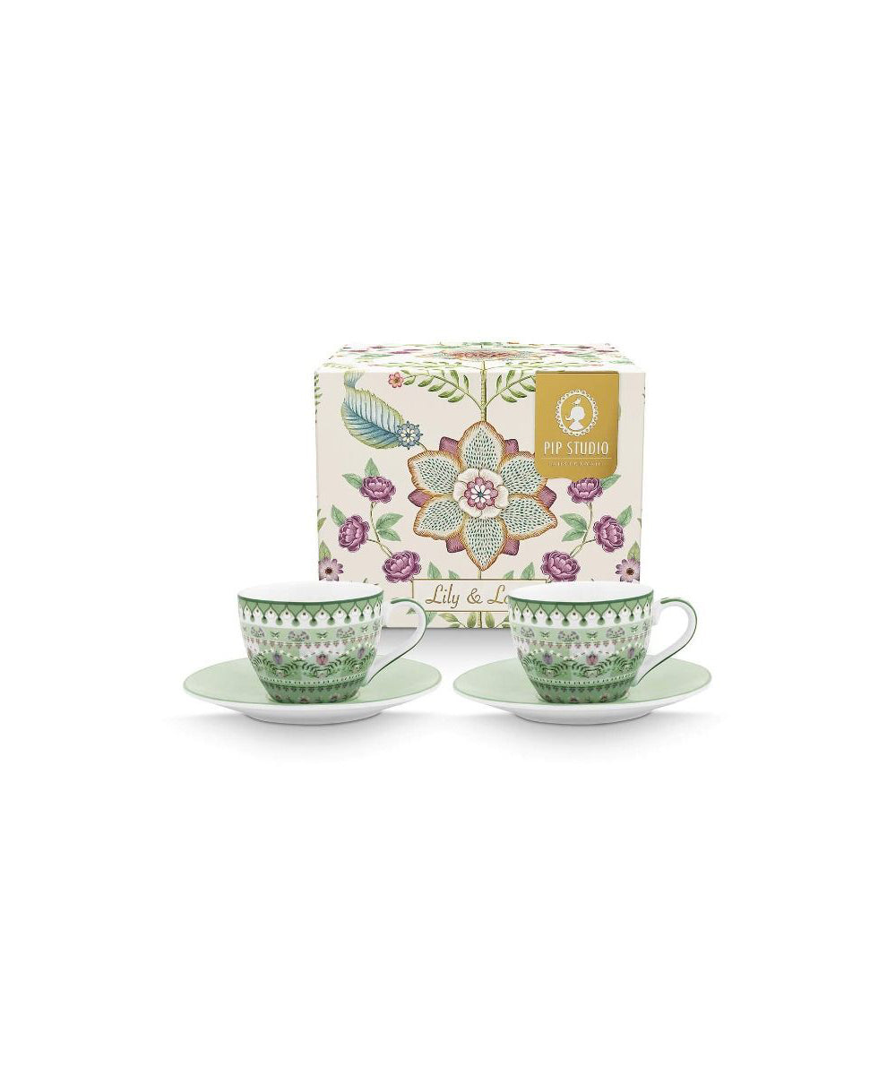 Set/2 Espresso Cups And Saucers Lily & Lotus Light Green (120 ml) - delicate green white porcelain teacup