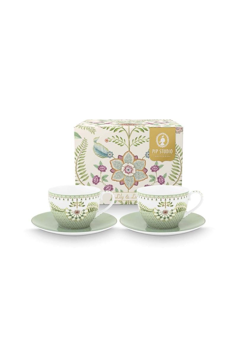 Set/2 Cups And Saucers Lily & Lotus Light Green (280 ml) - delicate green ceramic teacup saucer