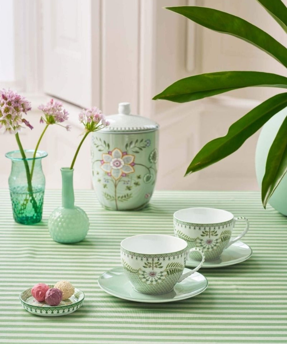 Set/2 Cups And Saucers Lily & Lotus Light Green (280 ml) - pastel green ceramic teacup set