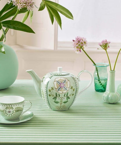 Tea Pot Lily & Lotus Tiles Light Green 1.6Ltr - delicate mint-green porcelain teapot adorned