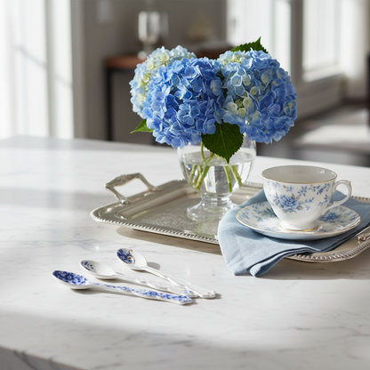 Tea set with floral teacup and saucer, silver tray, and blue hydrangeas on a marble table.