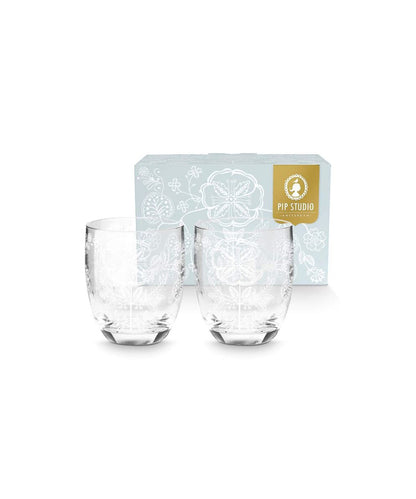 Set/2 Water Glasses Flower White (280 ml) - clear glass tumblers delicate etched
