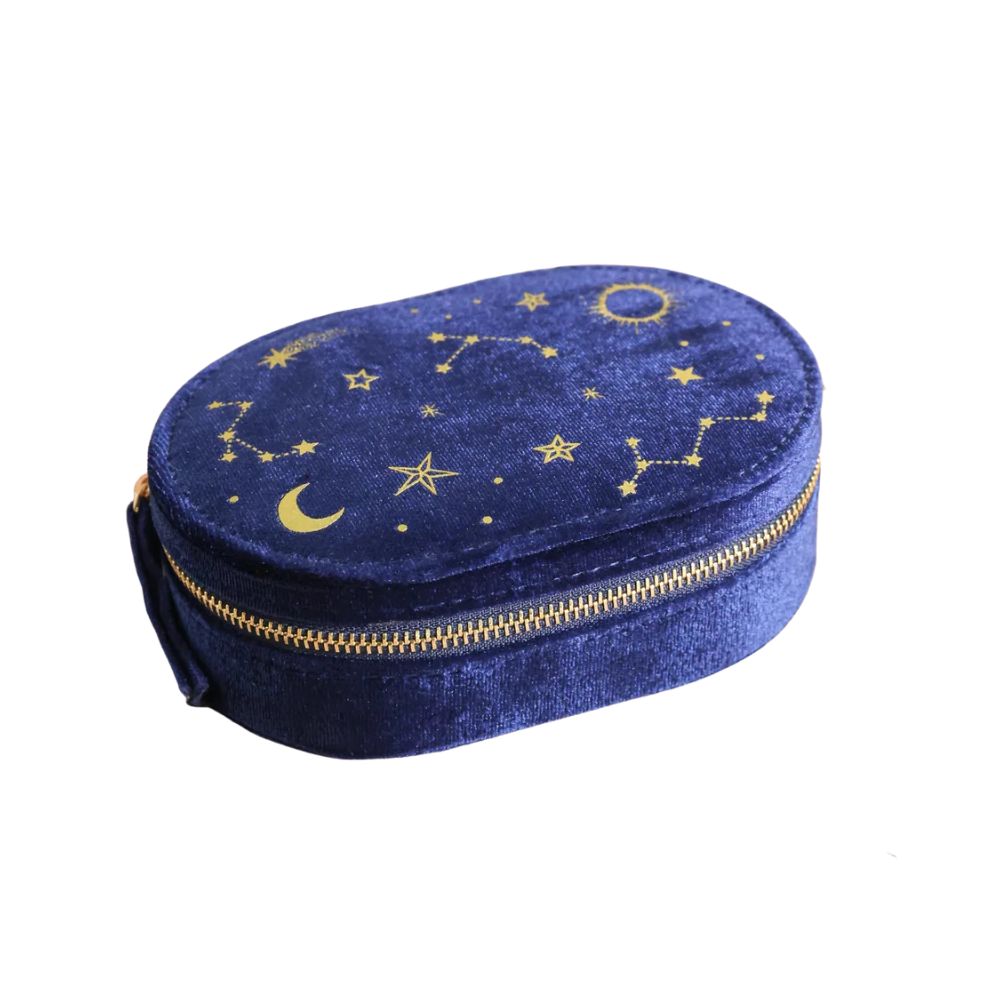 A dark blue velvet zippered pencil case decorated with gold embroidered stars, moons, and constellations, shown on a plain white background.