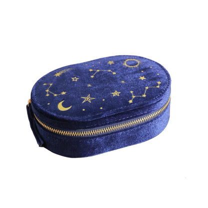 A dark blue velvet zippered pencil case decorated with gold embroidered stars, moons, and constellations, shown on a plain white background.