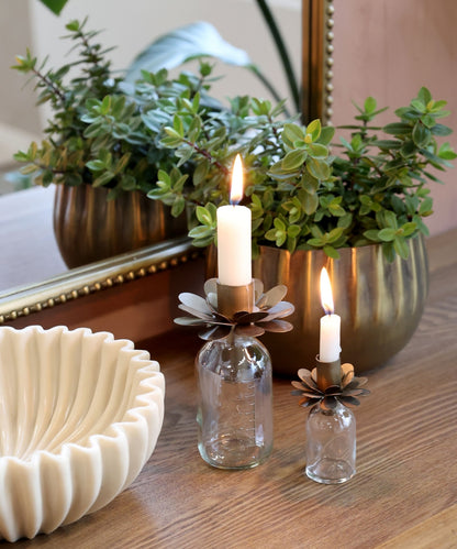 Bottle w. candleholder for taper candle H7.5/D5 cm antique brass
