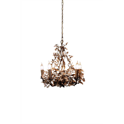 A rustic five-light chandelier with a branch and leaf design, suspended from a chain against a plain white background.