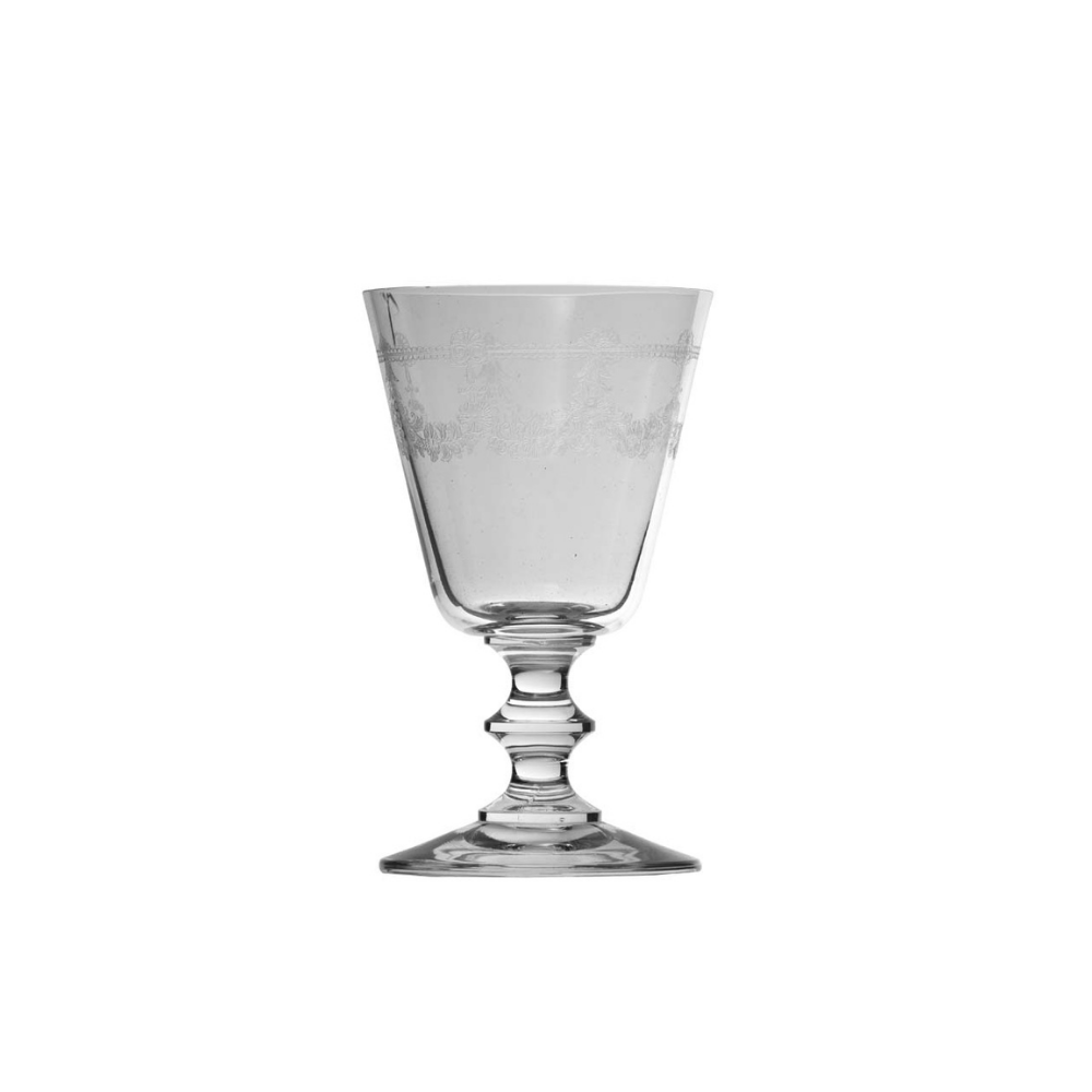 A clear glass goblet with a flared rim, subtle etched decorative band near the top, and a fluted pedestal base, shown on a plain white background.