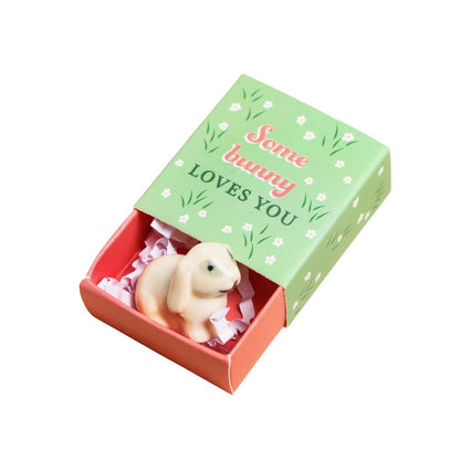 A small cream-colored bunny figurine nestled inside an open coral-red matchbox-style gift box with a light green lid printed with the phrase 'Some bunny LOVES YOU' and white flowers, set against a plain white background.