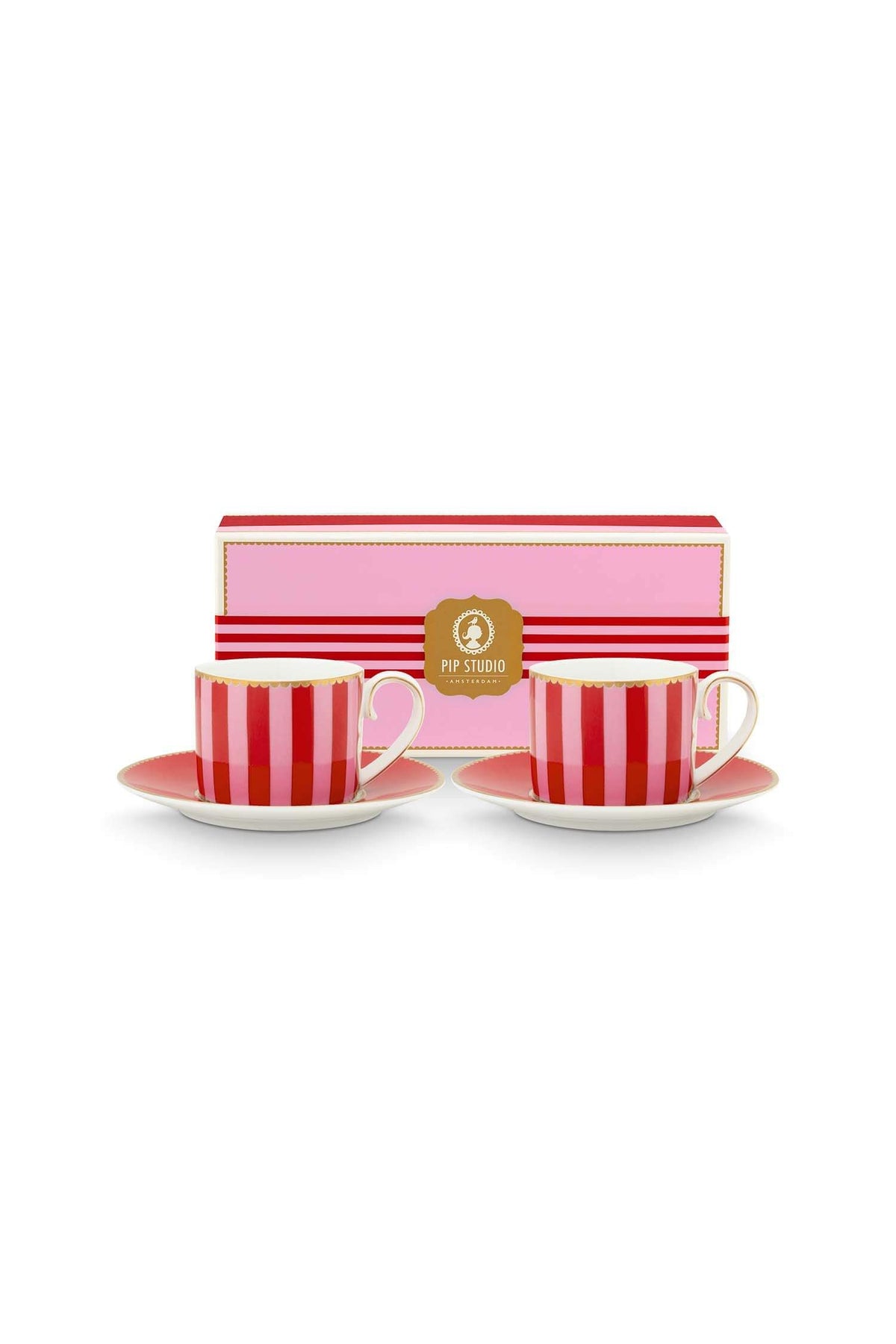 Pip Studio | Set/2 Espresso Cups & Saucers Love Birds Stripes Red-Pink | 100 ml | Porcelain