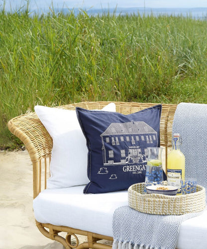 Water Dahla White - navy blue pillow white line