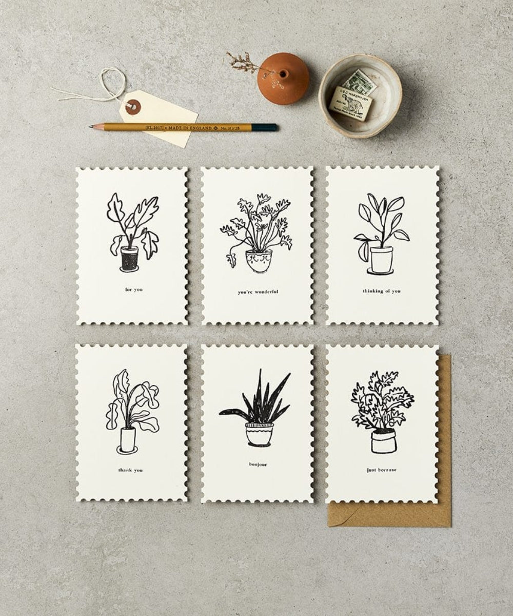 Assorted Pack Notecards - Plants - set six white cards black