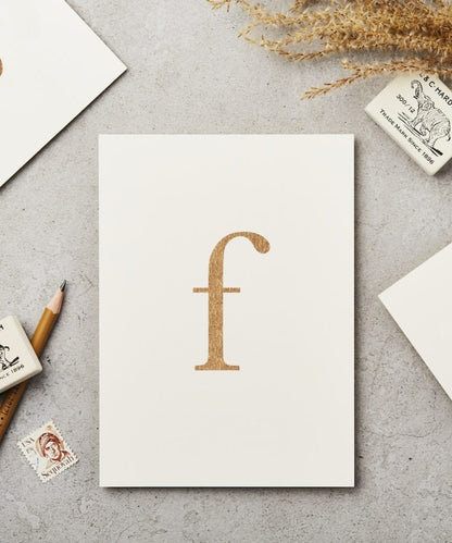 Lowercase Initial Postcard (F) - minimalist white notepad gold glitter