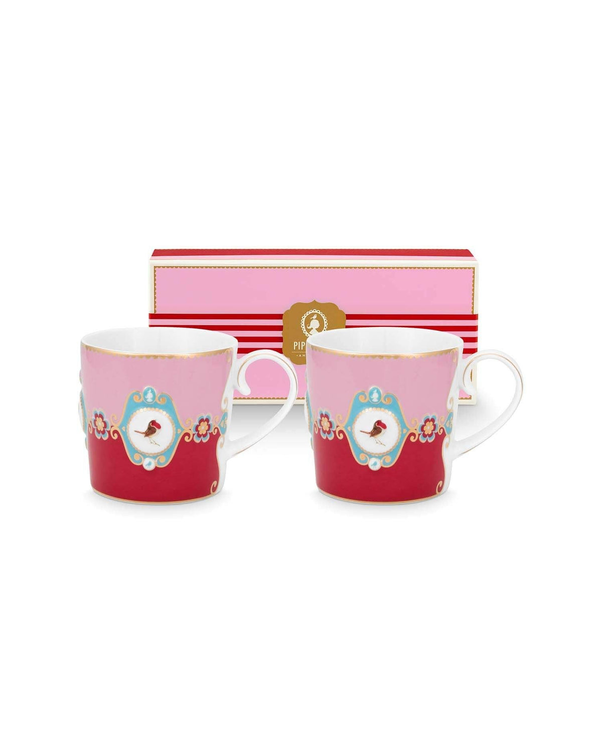 Pip Studio | Set/2 Mugs Small Love Birds Medallion Red-Pink | 190 ml | Porcelain