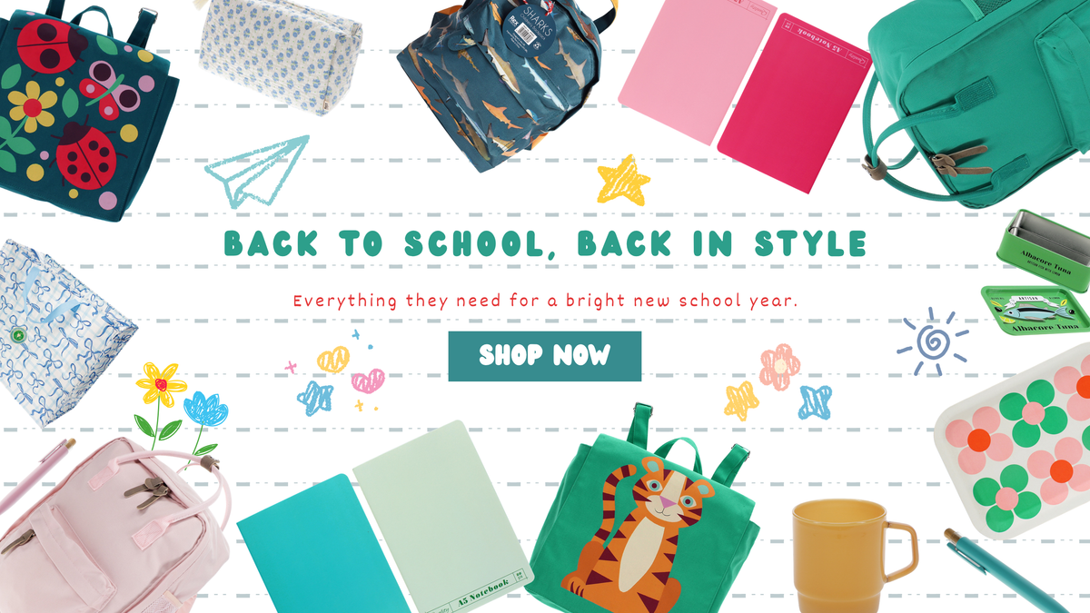 A back-to-school themed flat lay featuring a collection of colorful school supplies, including backpacks, notebooks, a pencil case, and a mug, arranged around the text 'BACK TO SCHOOL, BACK IN STYLE' and a 'SHOP NOW' button.