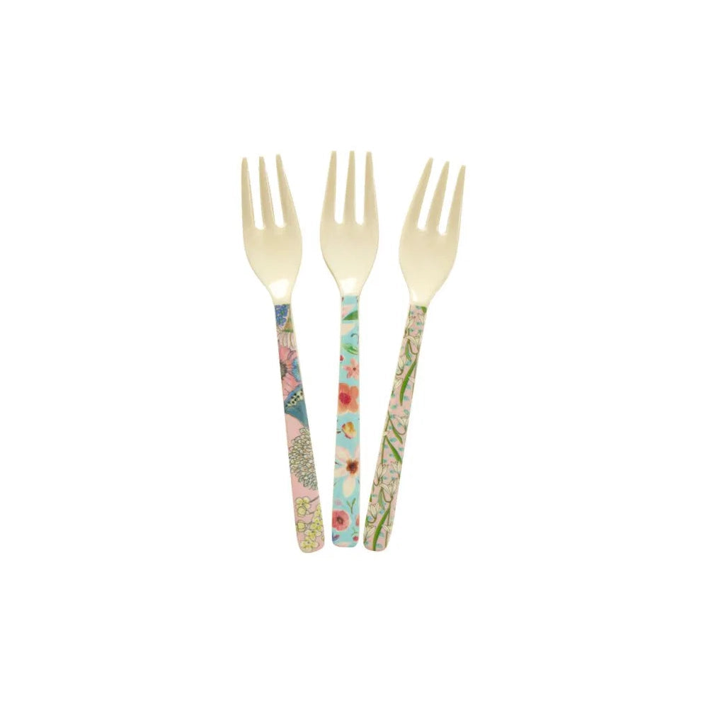 Rice Melamine Cake Fork in 3 Assorted Flower Prints L- 14 cm W- 3 cm