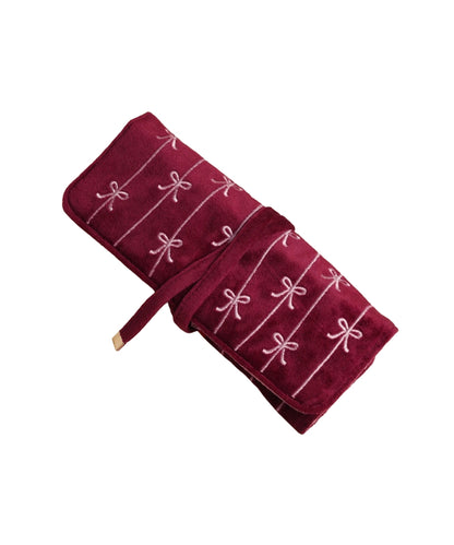 Burgundy Bow Embroidered Velvet Jewellery Roll