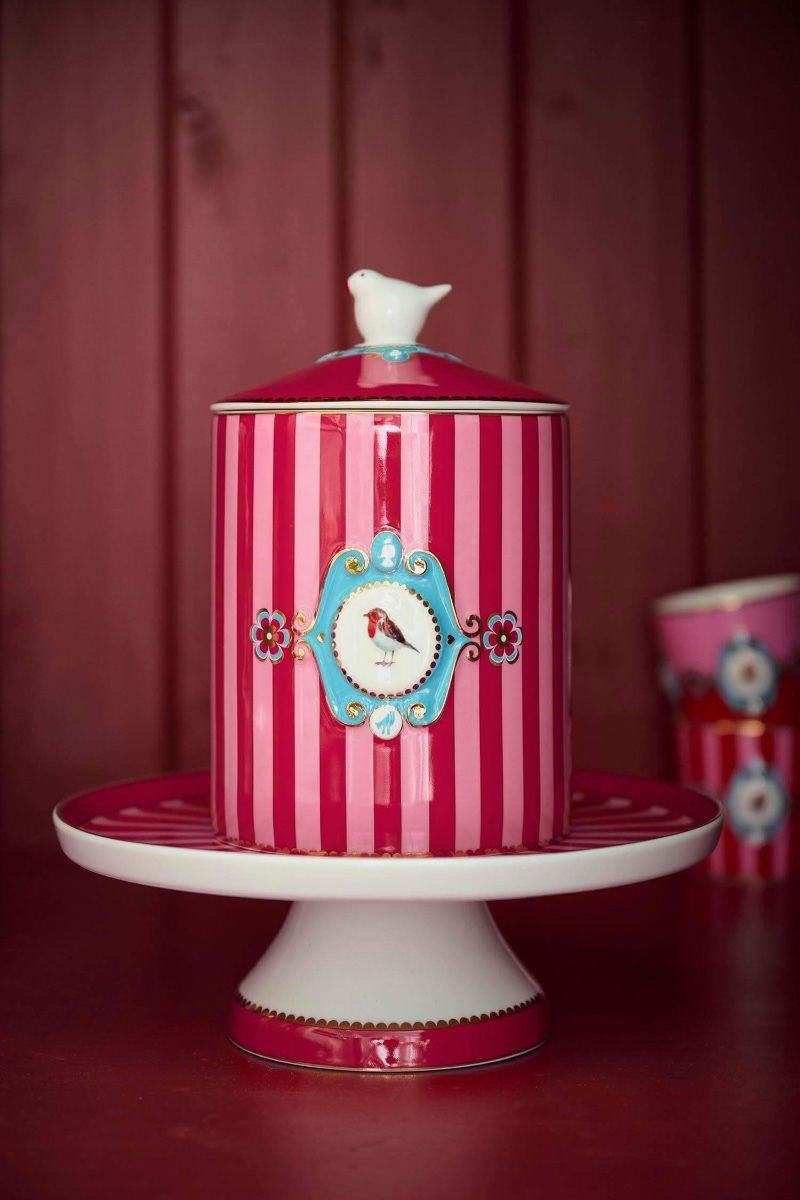 Pip Studio | Storage Jar Love Birds Medallion Stripes Red-Pink | 1.3 L | Porcelain