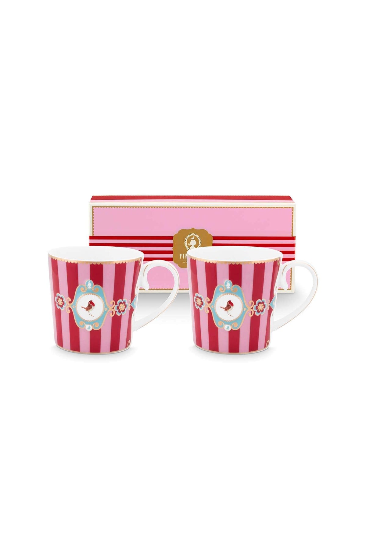 Pip Studio | Set/2 Mugs Small Love Birds Medallion Stripes Red-Pink | 190 ml | Porcelain