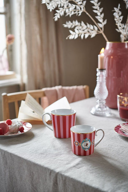 Pip Studio | Set/2 Mugs Small Love Birds Medallion Stripes Red-Pink | 190 ml | Porcelain
