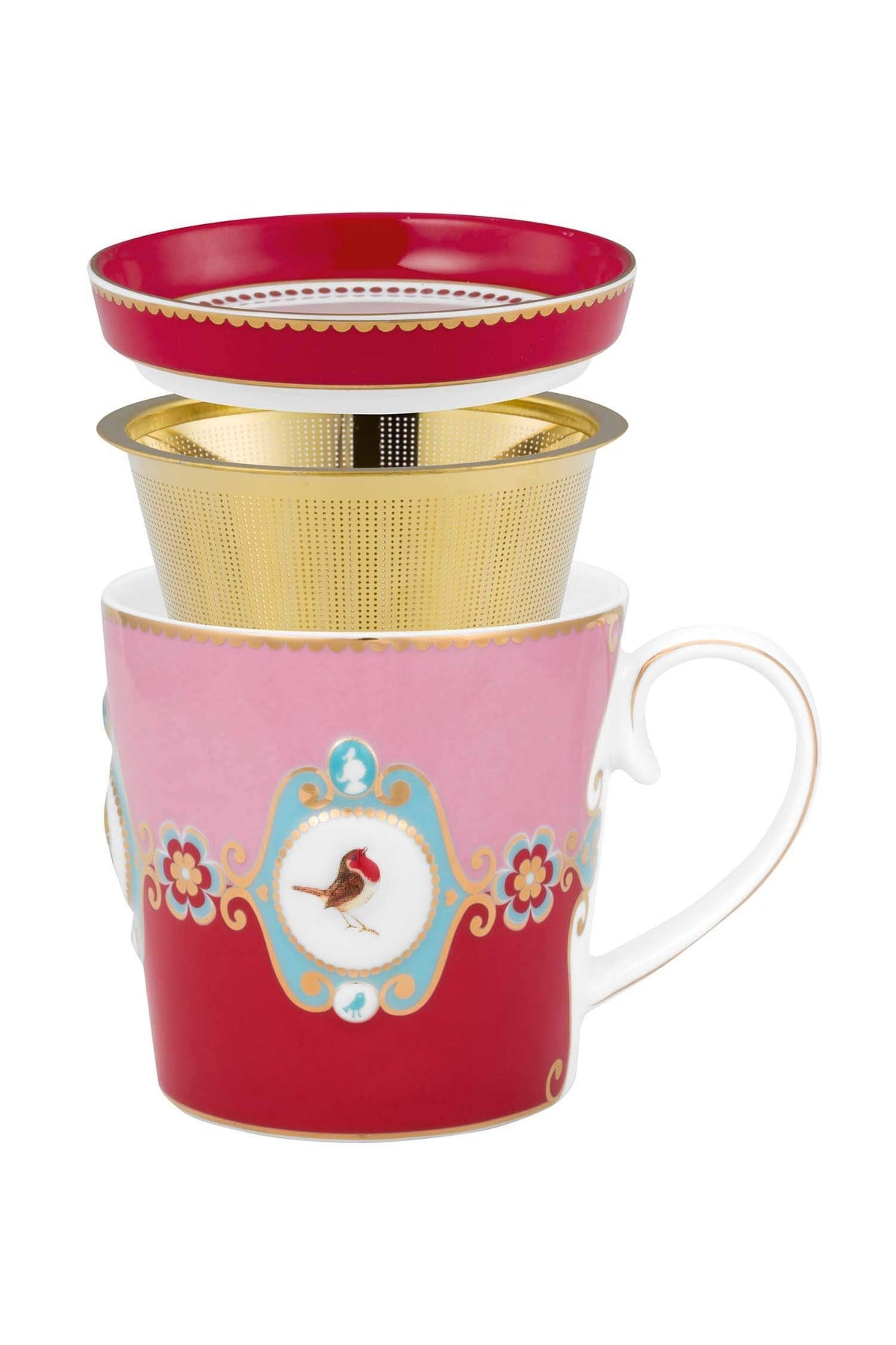 Pip Studio | Tea for One Love Birds Medallion Red-Pink | D- 9 cm 300 ml | Porcelain