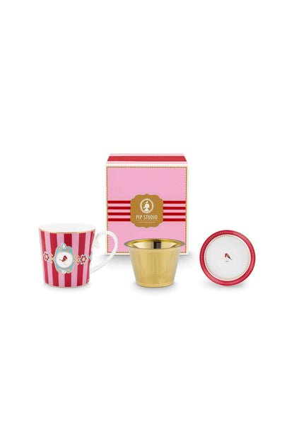 Pip Studio | Tea for One Love Birds Medallion Stripes Red-Pink | D- 9 cm 300 ml | Porcelain