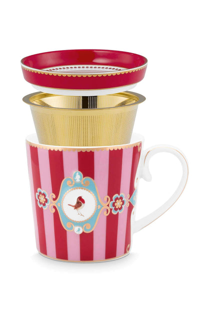 Pip Studio | Tea for One Love Birds Medallion Stripes Red-Pink | D- 9 cm 300 ml | Porcelain