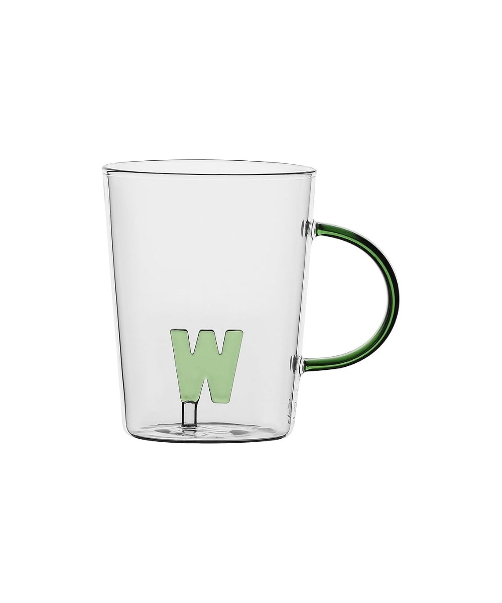 Allalettera Mug W - clear glass mug green handle