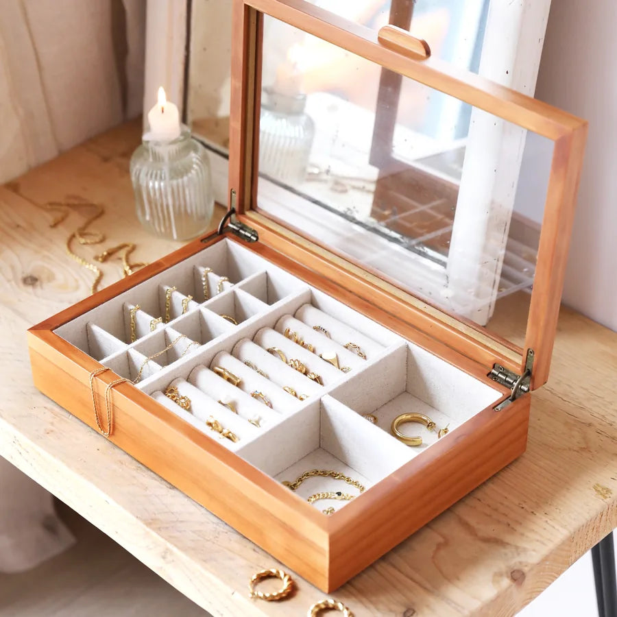 Lisa Angel Large Glass Top Wooden Jewelry Box L-19 cm W-29.5 cn H-6.5 cm