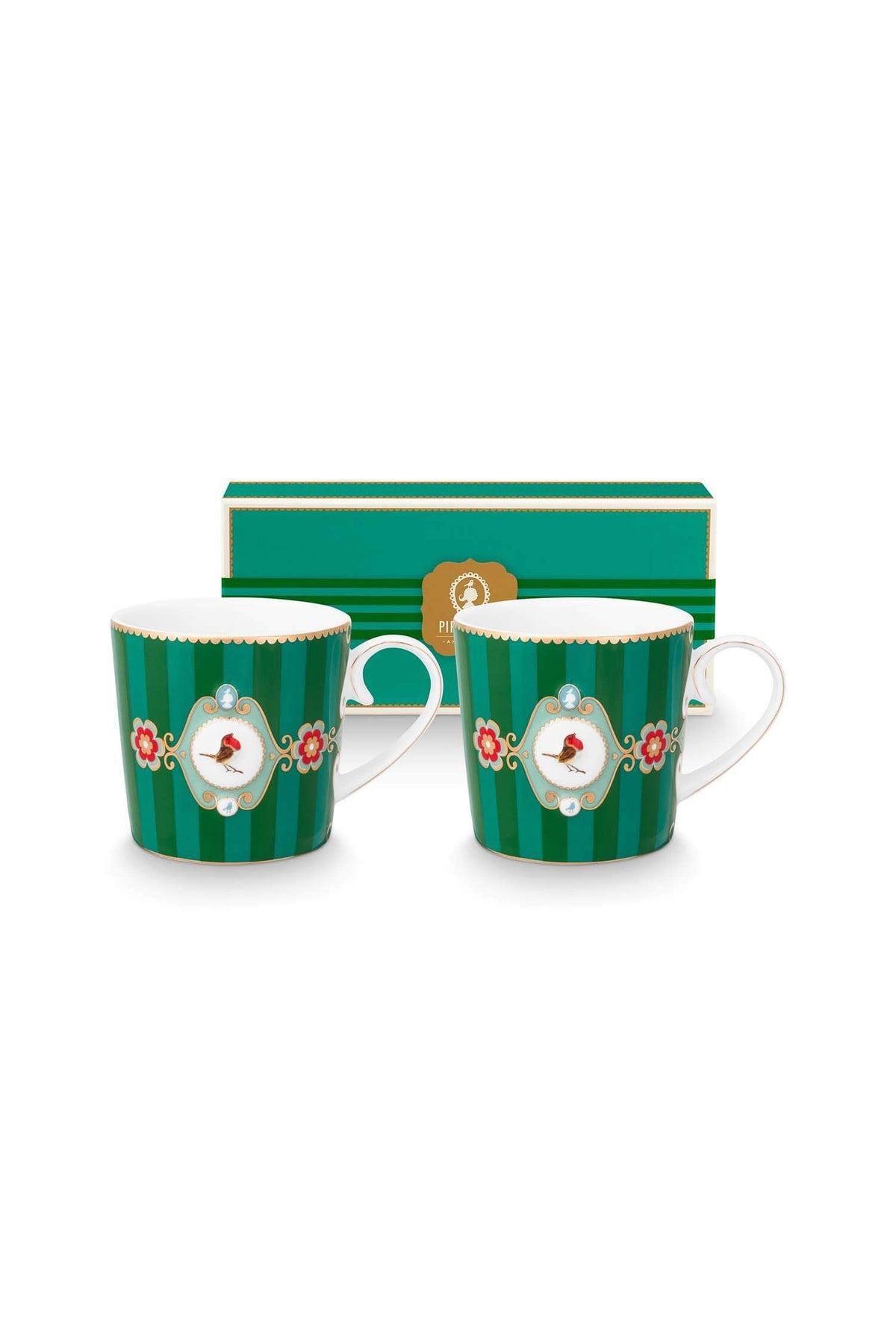 Pip Studio | Set/2 Mugs Small Love Birds Medallion Stripes Emerald-Green | 190 ml | Porcelain