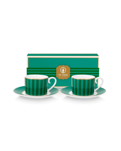 Pip Studio | Set/2 Espresso Cups & Saucers Love Birds Stripes Emerald-Green | 100 ml | Porcelain