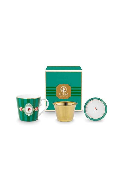 Pip Studio | Tea for One Love Birds Medallion Stripes Emerald-Green | 300 ml | Porcelain