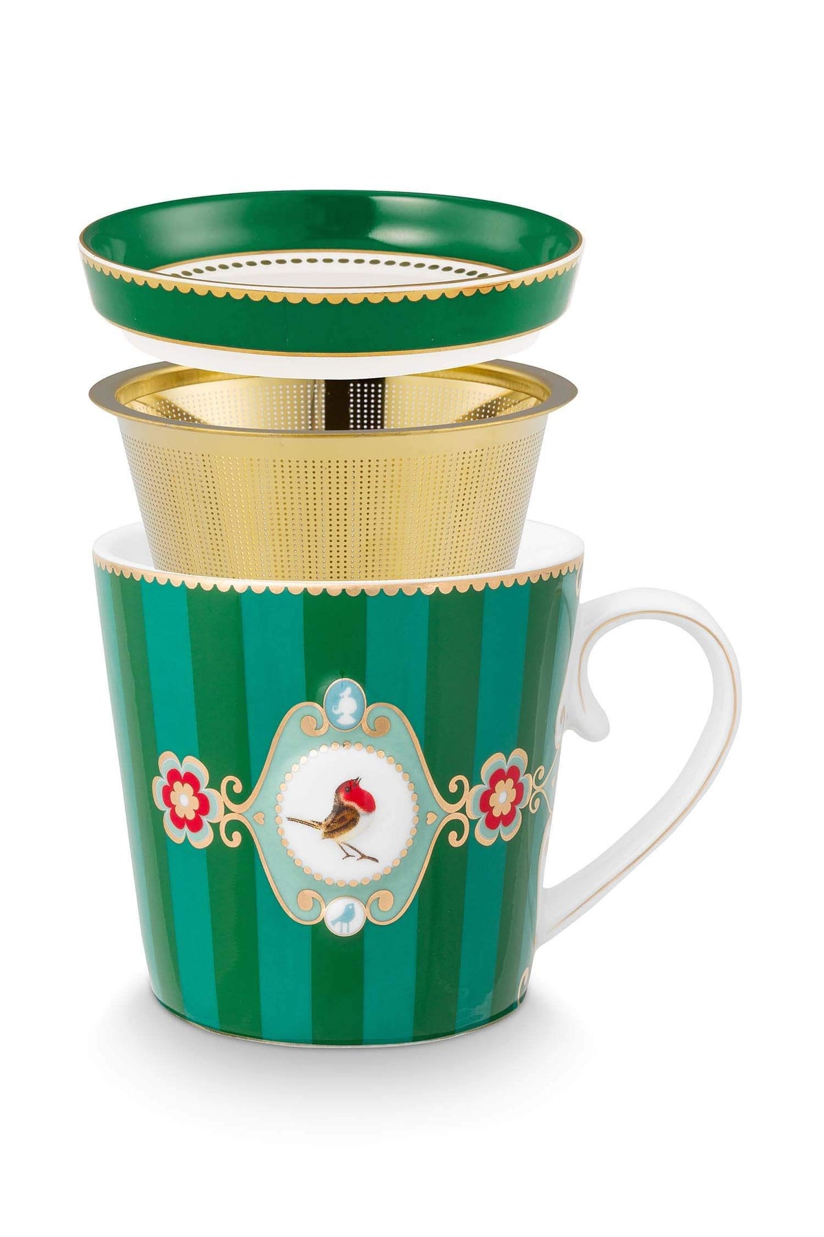 Pip Studio | Tea for One Love Birds Medallion Stripes Emerald-Green | 300 ml | Porcelain