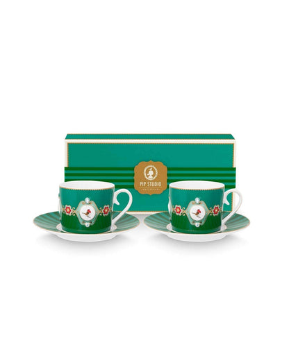 Pip Studio | Set/2 Cups & Saucers Love Birds Medallion Emerald-Green | 250 ml | Porcelain