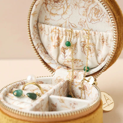 Lisa Angel Mustard Round Velvet Jewelry Case with Floral Lining W- 7.8 cm H- 4 cm D- 7.8 cm