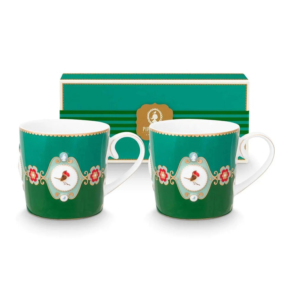 Pip Studio | Set/2 Mugs Small Love Birds Medallion Emerald-Green | 190 ml | Porcelain