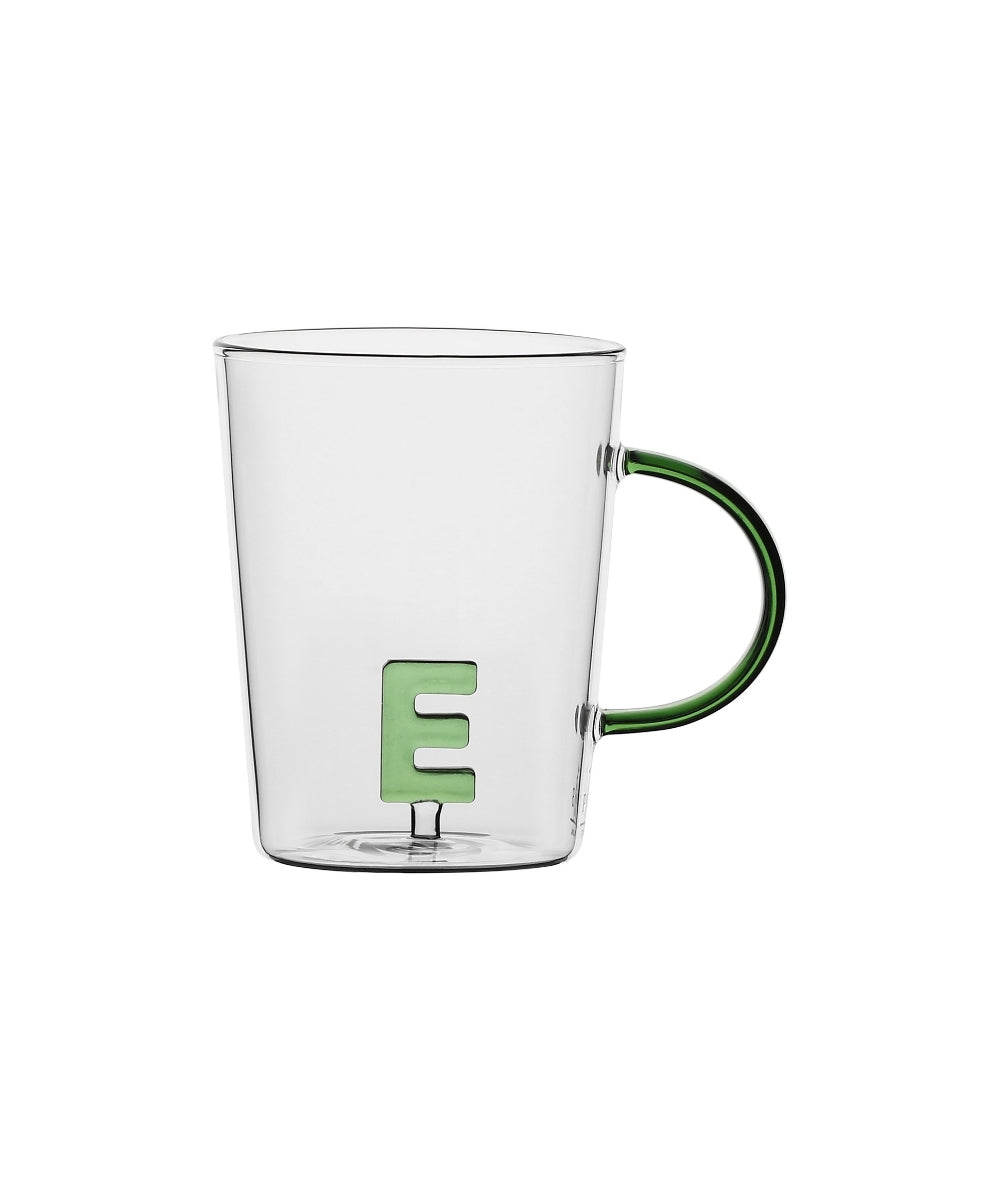Allalettera Mug E - clear glass mug green handle